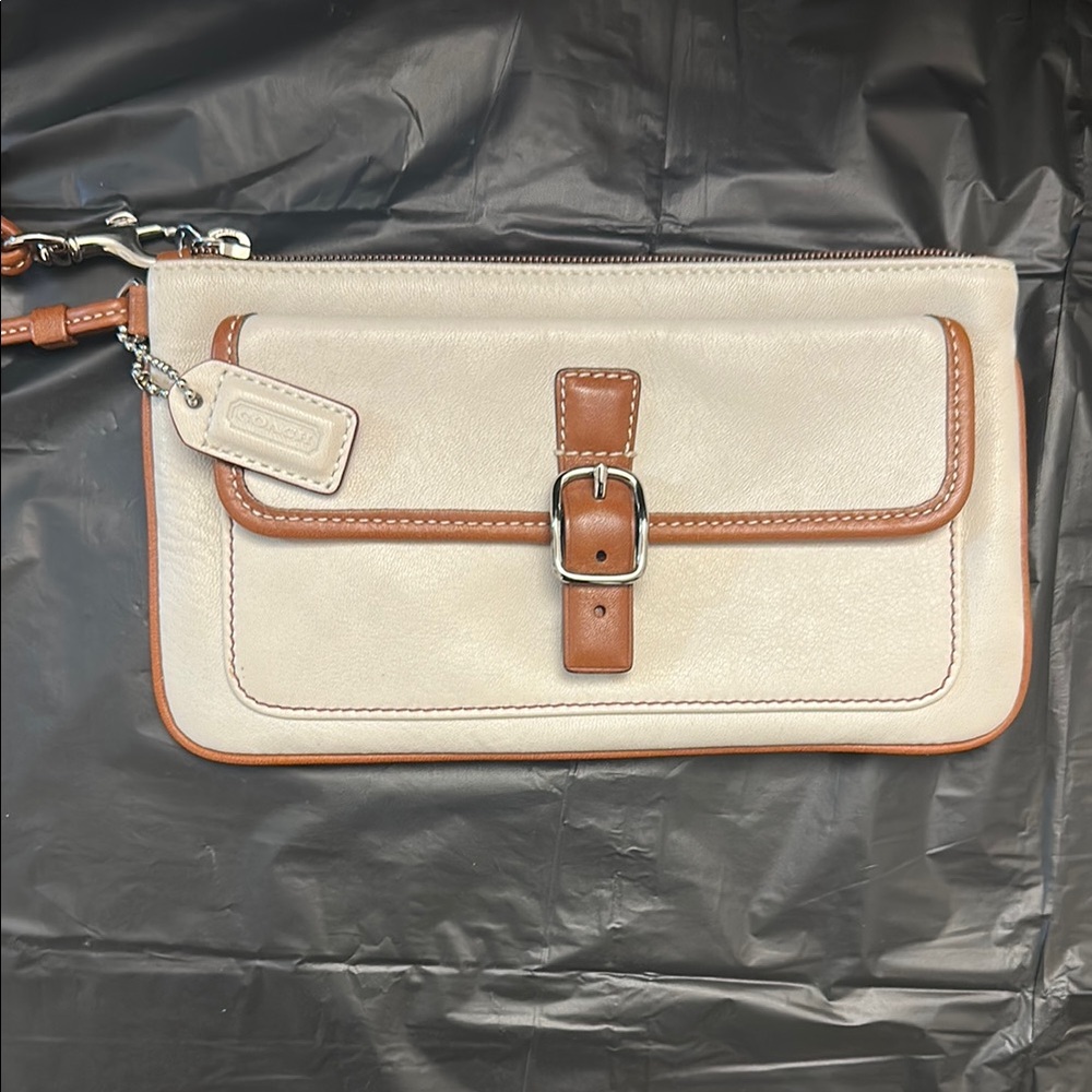 Coach Cream and Brown Wristlet with Buckle